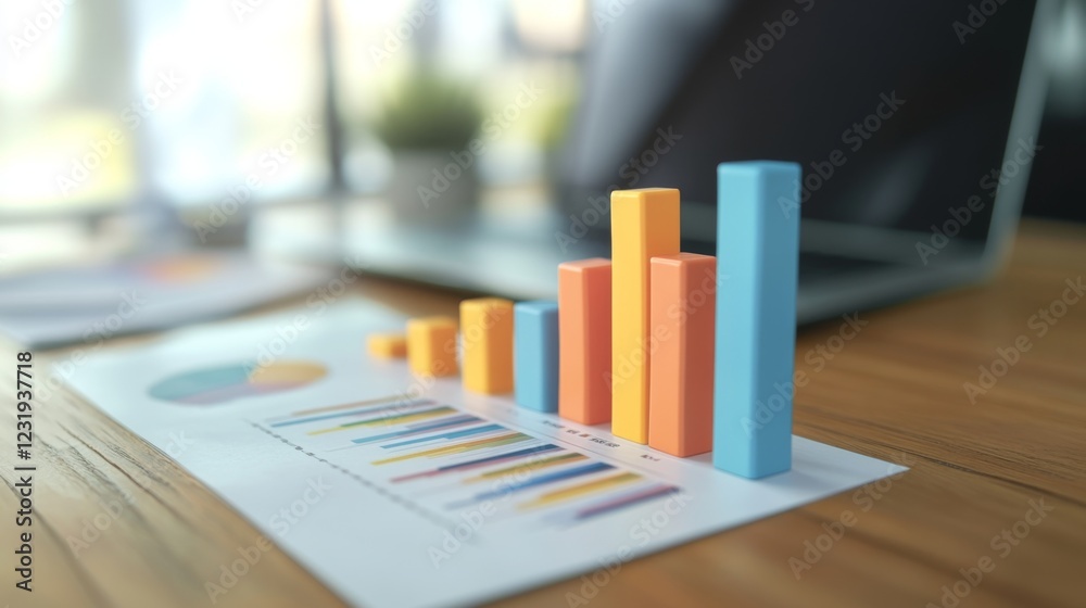 Leinwandbilder a high-angle view of a colorful d bar graph on a sleek office desk, with documents and a laptop in t