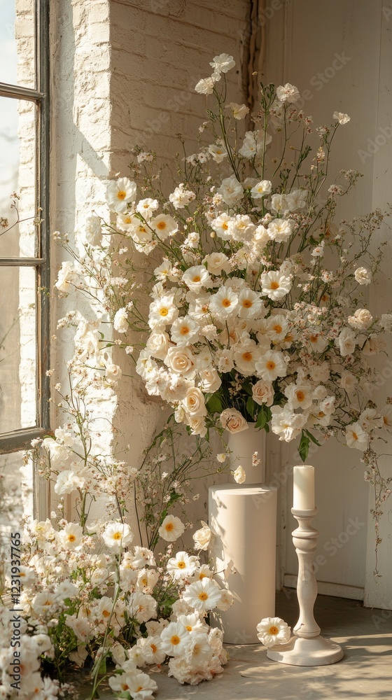 Poster a striking matte navy podium stands gracefully, surrounded by a cascade of fresh white flowers. sunl