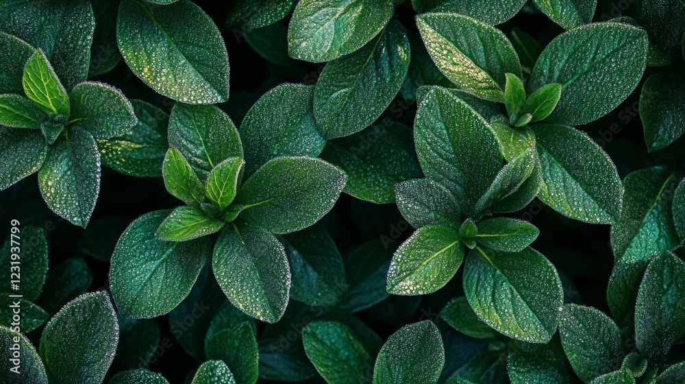 Aufkleber a high-angle view of a lush plant with numerous leaves covered in dew, creating a sparkling effect a