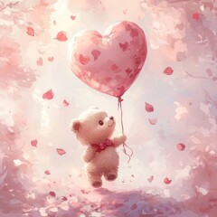 A storybook-like illustration of a small teddy bear holding a giant heart-shaped balloon, surrounded by floating petals and soft pastel hues.