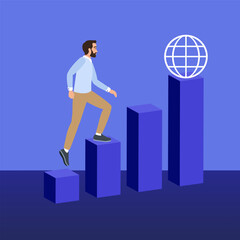 Fototapeta premium Businessman climbing growth chart to reach global target