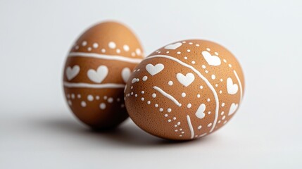 Two brown eggs decorated with white heart designs