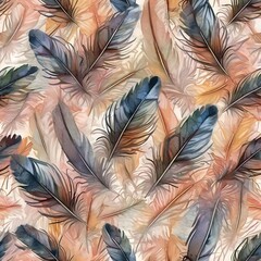 A pattern of overlapping stylized feathers in muted earthy tones with a watercolor effect