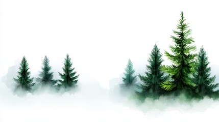 Fototapeta premium A misty forest scene with tall evergreen trees rising above a foggy landscape, creating a serene and tranquil atmosphere.