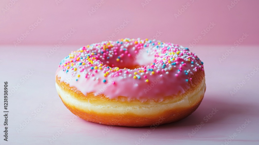 Poster A high-resolution image of a classic donut with a shiny glaze and colorful sprinkles, set against a simple, clean background to emphasize its deliciousness.