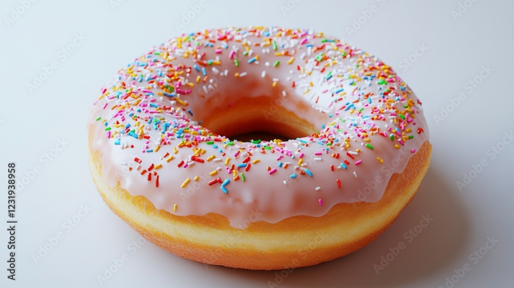 Poster a high-resolution image of a classic donut with a shiny glaze and colorful sprinkles, set against a 