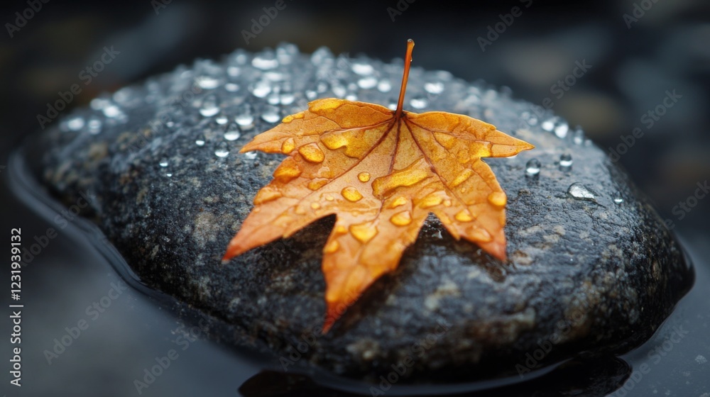 Poster A high-resolution image of a dewy leaf resting on a smooth stone, with droplets of water adding a fresh and natural touch to the composition.