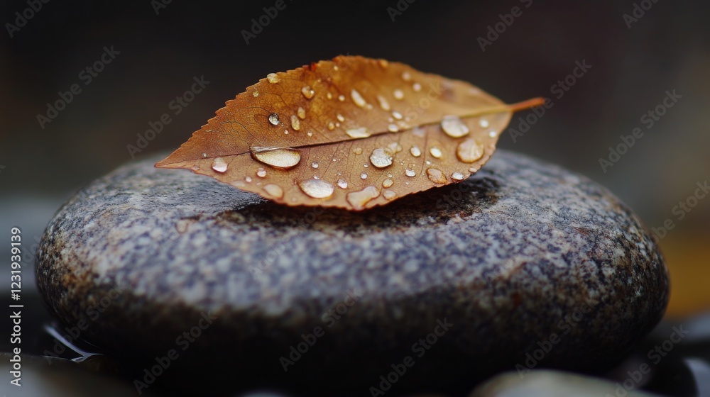 Poster a high-resolution image of a dewy leaf resting on a smooth stone, with droplets of water adding a fr