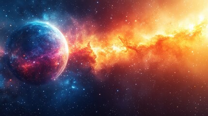 A stunning cosmic scene featuring a vibrant planet surrounded by colorful nebulae and stars, illustrating the beauty of the universe and space exploration.