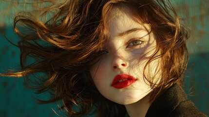 Fototapeta premium Stunning Close-up of Young Woman with Windblown Hair and Bold Red Lips