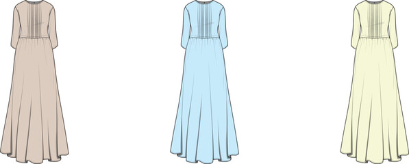 Elegant Three Color Maxi Dress Fashion Design Flat Sketch