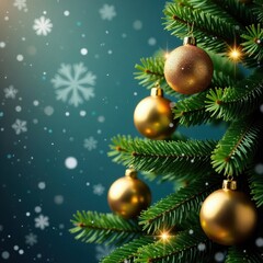 Sparkling golden ornaments adorn a lush evergreen Christmas tree, Winter, Snowflakes, Evergreen