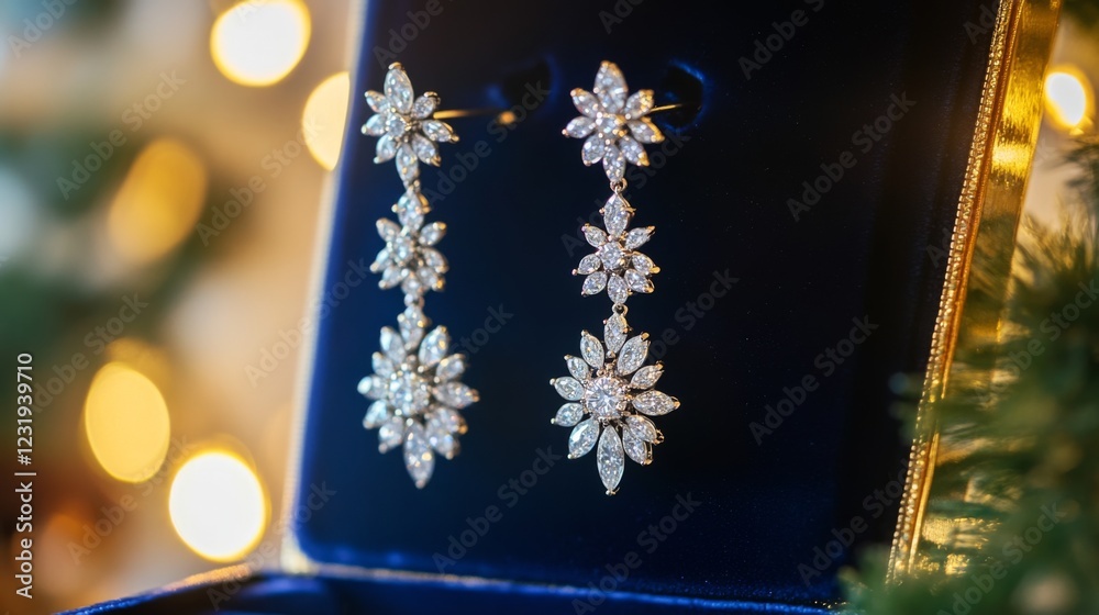 Poster a high-resolution image of a pair of sophisticated diamond drop earrings hanging from a luxurious ve