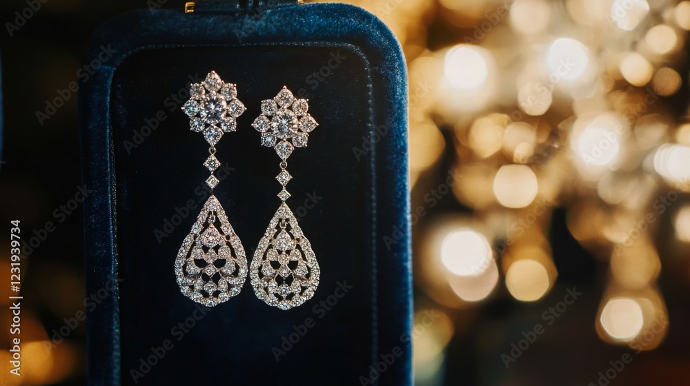 Poster a high-resolution image of a pair of sophisticated diamond drop earrings hanging from a luxurious ve