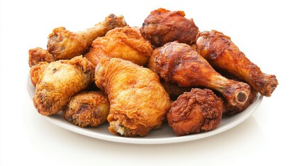 A high-resolution image of a plate of fried chicken with a white background, featuring a variety of pieces including drumsticks and wings, arranged appetizingly.