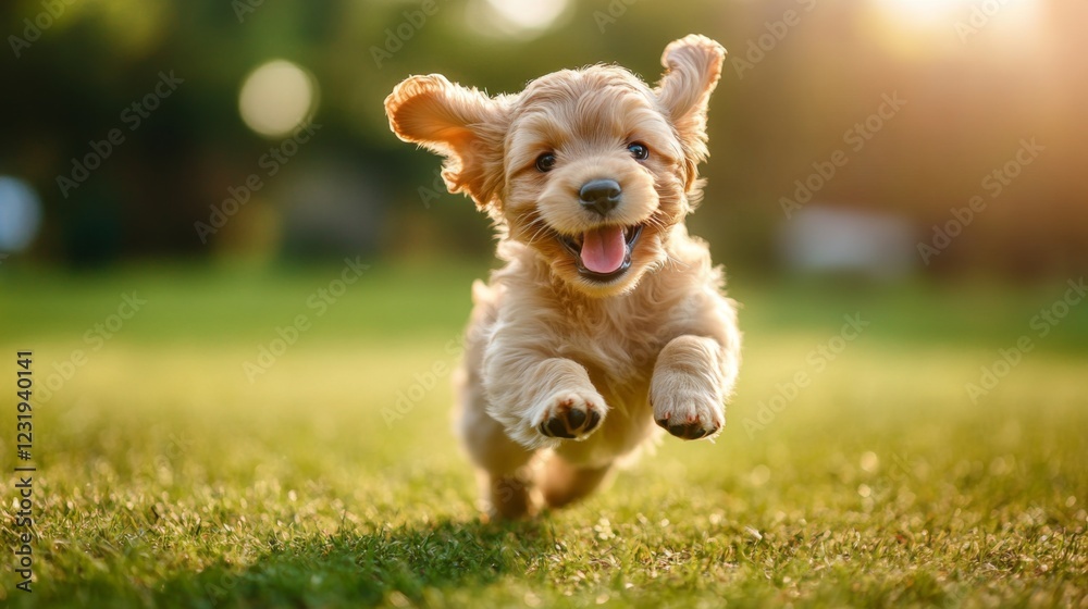 Poster A high-resolution image of a playful puppy running joyfully through a sunny park, with its ears flapping and a happy expression on its face.