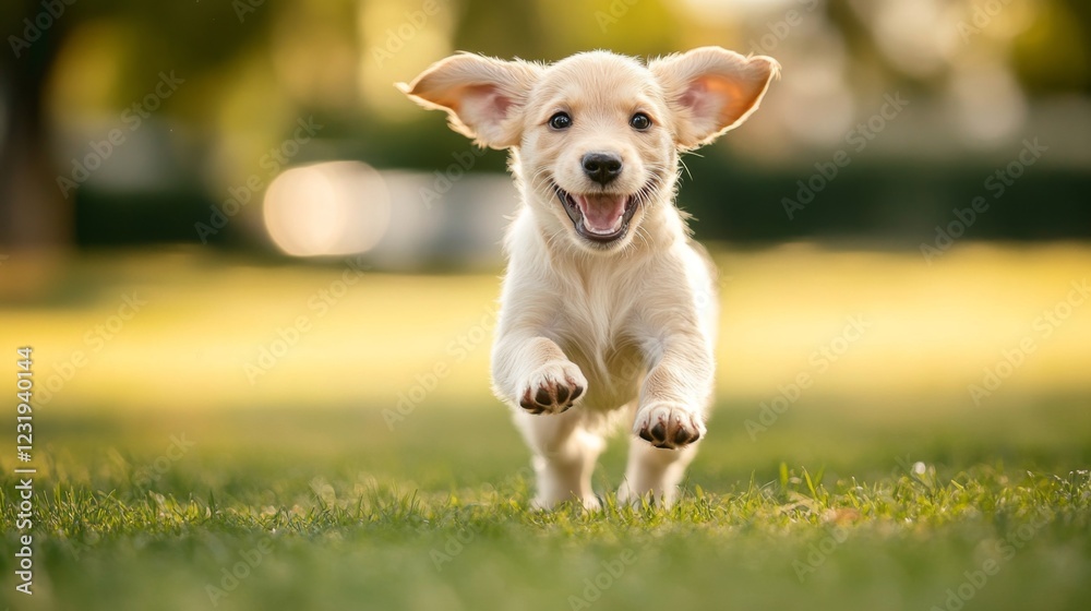 Poster A high-resolution image of a playful puppy running joyfully through a sunny park, with its ears flapping and a happy expression on its face.