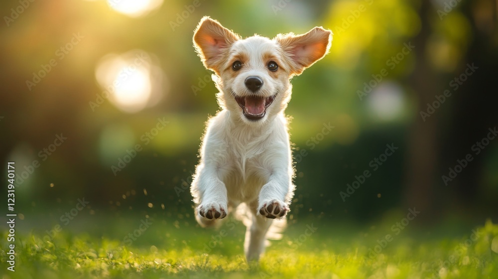 Poster A high-resolution image of a playful puppy running joyfully through a sunny park, with its ears flapping and a happy expression on its face.