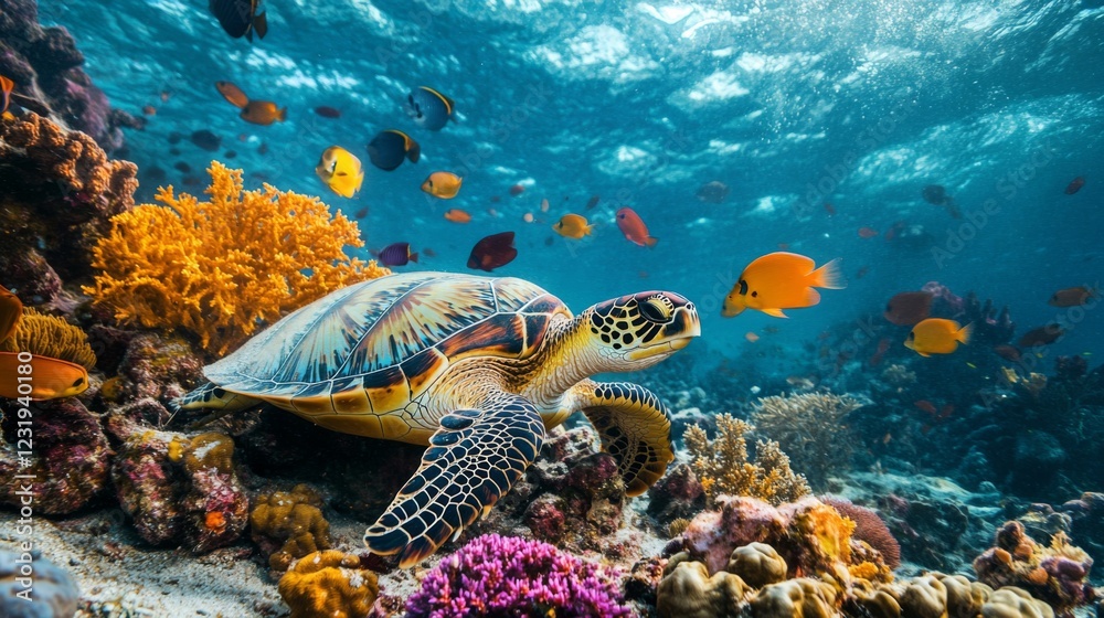 Poster a high-resolution image of a sea turtle resting on a sandy coral reef, with colorful fish swimming n