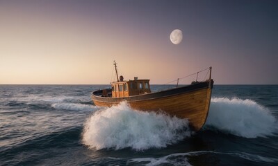 A mighty mystical ship with white sails rides the waves under a multicolored sky studded with shooting stars, while a round, benevolent moon watches over the universe