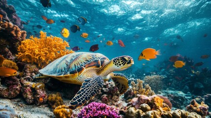 A high-resolution image of a sea turtle resting on a sandy coral reef, with colorful fish swimming nearby and the underwater ecosystem in full view.