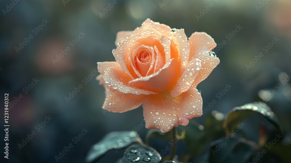 Poster A high-resolution image of a single blooming rose with tiny water droplets on its petals, creating a fresh and elegant look against a soft focus backdrop.