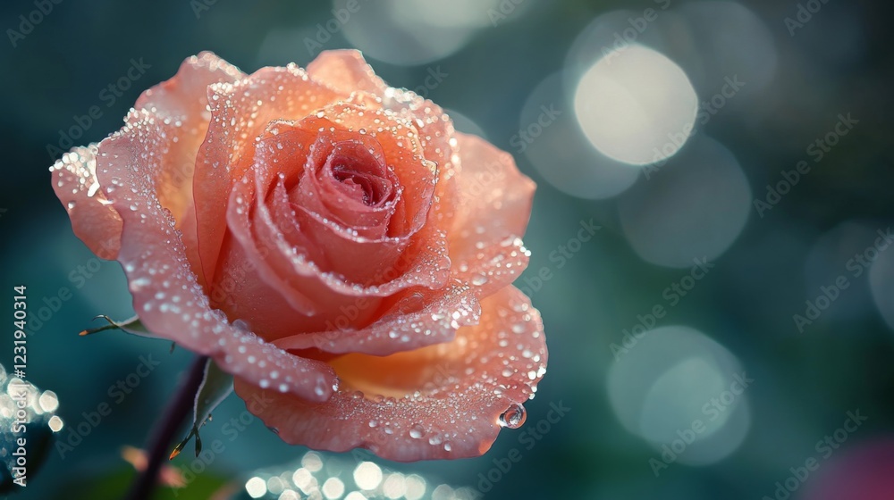 Poster A high-resolution image of a single blooming rose with tiny water droplets on its petals, creating a fresh and elegant look against a soft focus backdrop.