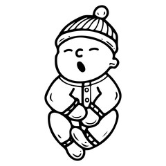 Newborn baby yawns in sleep. Hand drawn doodle. Little child in cotton clothes. Overalls, hat. Cute person. Vector line art illustration.