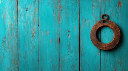 A circular, rusted object hangs against a vibrant turquoise wooden backdrop, showcasing a blend of rustic charm and colorful decor.