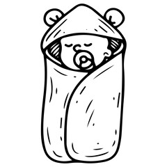 Cute baby wrapped in towel after bath. Hand drawn doodle. Little child with pacifier. Cotton hooded swaddle with bear ears. Newborn human. Vector line art illustration.