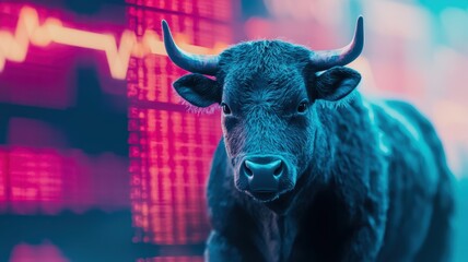 A bull in front of a vibrant digital background, symbolizing market trends, finance, or investment dynamics.