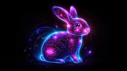 Glowing cosmic rabbit, dark background, Easter