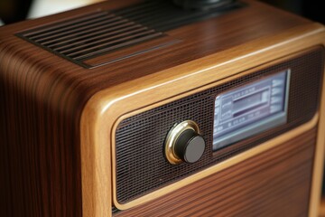 Vintage-style wooden radio sitting on a table with a retro aesthetic