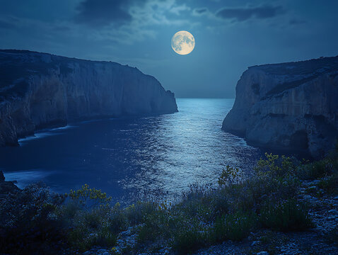 Wide shot of a moonlit bay with soft ripples on the water, framed by tall cliffs and sparse vegetation