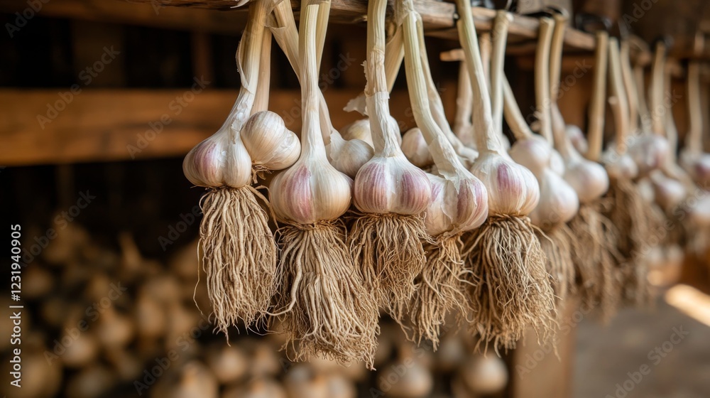 Poster a high-resolution image of garlic bulbs hanging in a bunch, with their roots and stems still attache