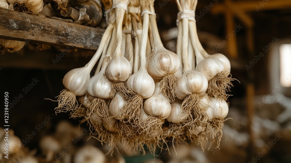 Poster a high-resolution image of garlic bulbs hanging in a bunch, with their roots and stems still attache