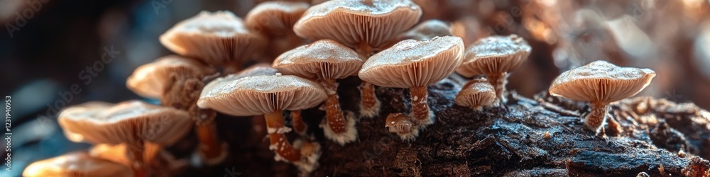 Wall mural a close-up view of various types of mushrooms growing on the trunk and branches of a tree