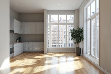 Fototapeta premium Bright, modern kitchen in spacious apartment with large windows and sunlight streaming through.