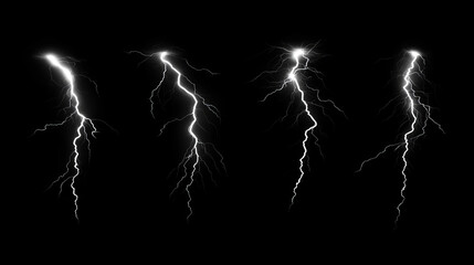 Thunder bolt and vertical bright lightning on black background. Realistic 3d vector illustration set of storm energy effect. Light glow thunderstorm flash power strike or electric voltage discharge.