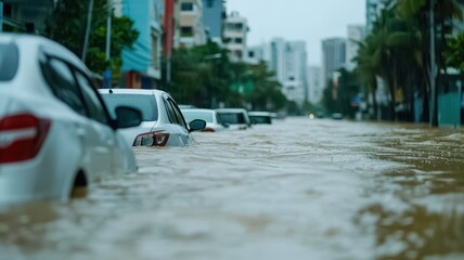 A flooded street with submerged cars, showcasing the impact of heavy rainfall and urban flooding in a city environment.