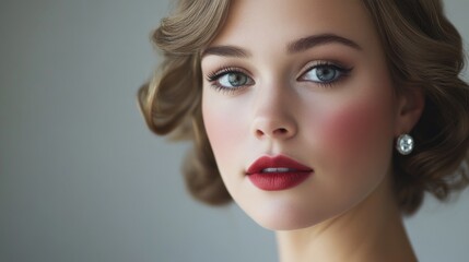 Fototapeta premium A high-resolution portrait of a woman with elegant makeup and styled hair, exuding confidence and beauty in a professional setting.