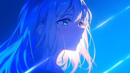 Profile of an anime girl illuminated by a blue light, her expression serious and focused.