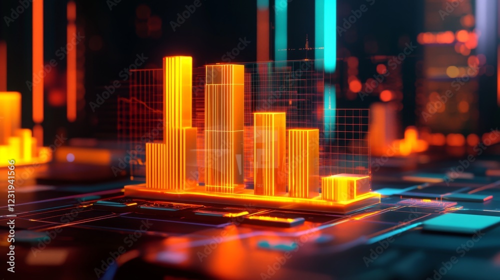 Poster A high-tech D bar chart with luminous bars arranged in a smooth, upward trend, set against a dark, futuristic financial dashboard