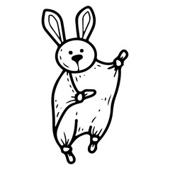 Bunny comforter for newborn. Hand drawn doodle. Soft toy napkin for baby sleep. Textile cute item for children. Vector line art illustration.