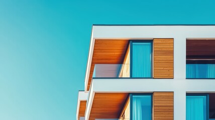Fototapeta premium A modern building with wooden accents and large windows against a clear blue sky, showcasing contemporary architectural design.