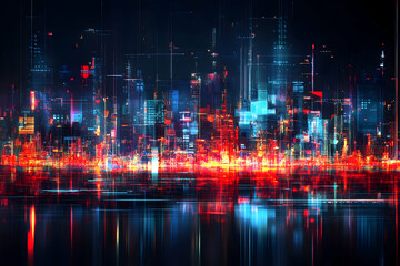Obraz premium Futuristic city skyline at night, reflecting in water