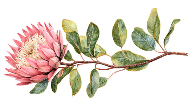 A pink king protea flower with green leaves on the stem, isolated on a white background, ultra-realistic photography. 