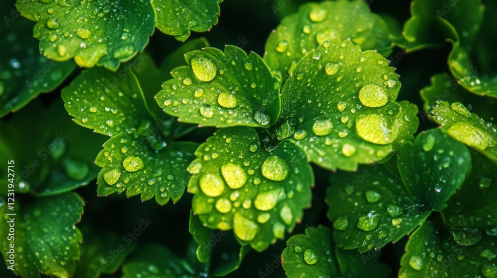 Poster a macro shot of a cluster of leaves with dew drops on a wet garden bed, emphasizing the freshness an