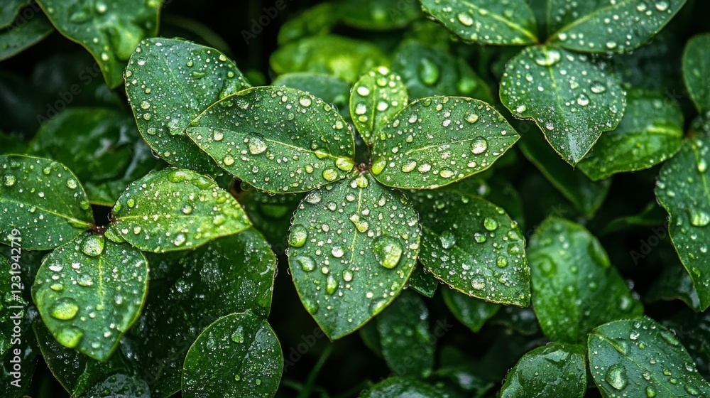 Poster A macro shot of a cluster of leaves with dew drops on a wet garden bed, emphasizing the freshness and vibrancy of the gardens foliage.