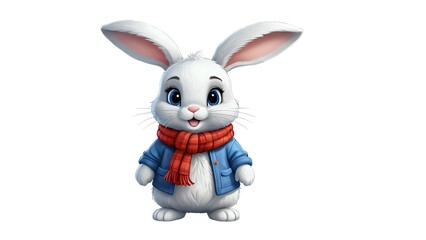 Obraz premium Adorable cartoon bunny wearing a blue jacket and red scarf, perfect for children's books, websites, or branding.